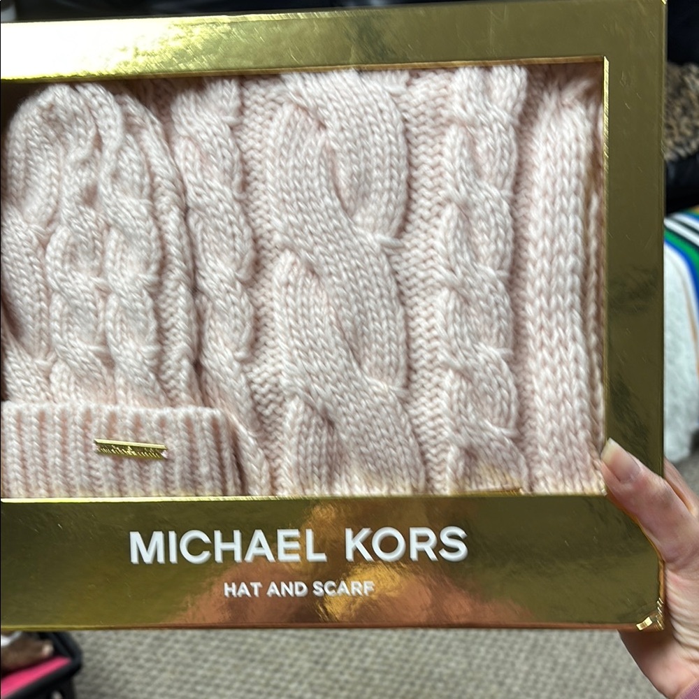 Michael Kors Pink Cable Knit Hat and Scarf Set